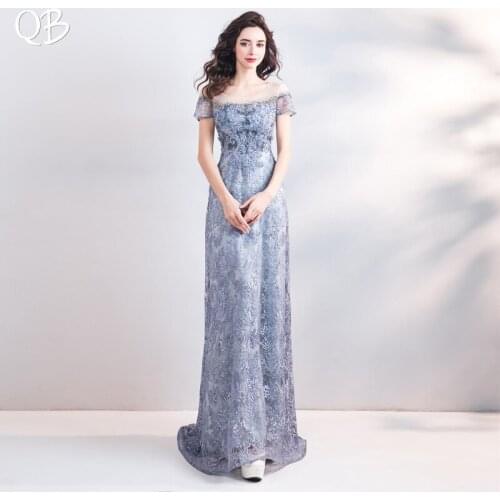 Blue Mermaid Cap Sleeve Lace Beading Sexy Long Formal Evening Dresses 2020 New Fashion Bride Party Prom Dress XH117