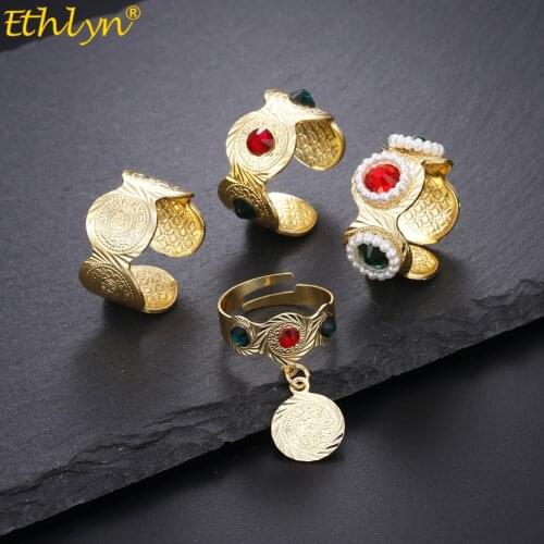 Ethlyn Middle East Arab Coins Ring Gold Color Adjustable Colorful Stone Finger Rings Wedding Party Jewelry for Women R57