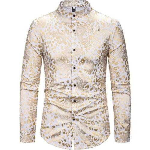 White Paisley Floral Bronzing Print Shirt Men Brand Slim Long Sleeve Dress Shirt Mens Party Event Social Shirts Camisa Hombre