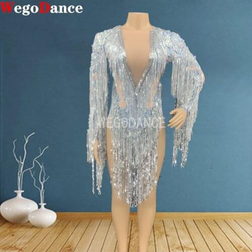 Flashing Silver Sequin Fringe Spandex Bodysuit Birthday Celebrate Outfit Women Dancer DS Show Prom Elasticity Wear