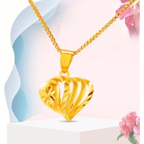 45cm Long Link Chain Heart Hollow carving 24K Gold Heart Pendant Necklace for women Valentines Day Gifts of Love PO9124
