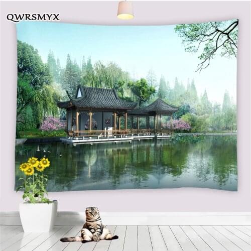 Lake And Green Tree Pavilion Garden Scenery Tapestry Wall Hanging Printing Living Room Bedroom Decor Wall Home Art Tapestries