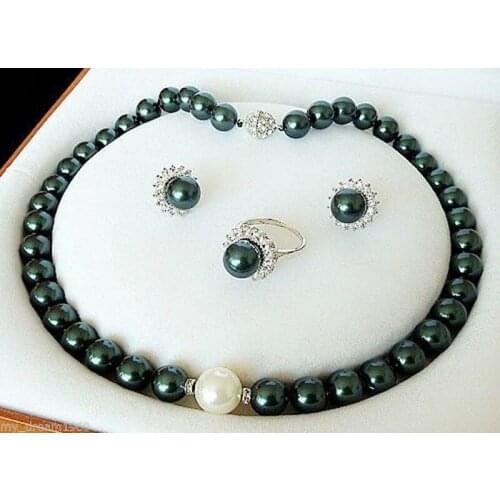 Hot sale new Style >>>>>GENUINE 10MM DARK GREEN SOUTH SEA SHELL PEARL NECKLACE RING STUD EARRING SET