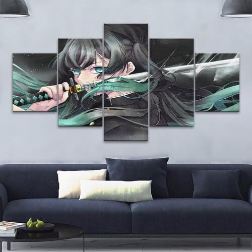 Canvas Print 5 Panel Art Anime Role Painting Home Decor Demon Slayer Kimetsu No Yaiba Module Poster For Living Room Framework