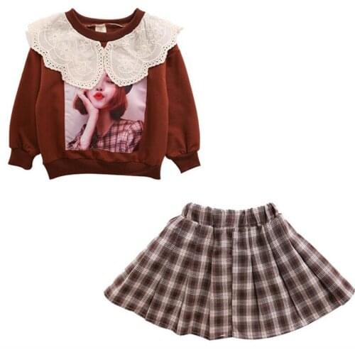Children Girl Clothes Set Fashion Autumn Lace Collar Cartoon Pullover Sweatshirt+Plaid Pleated Skirt Princess Set Girls Clothes
