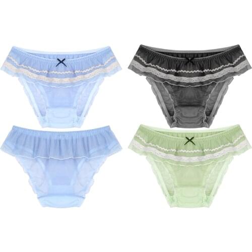 Man Sissy Crossdress Cosplay Briefs Panties See-Through Mesh Elastic Waistband Ruffle Trim Pure Color Cute Underwear Underpants