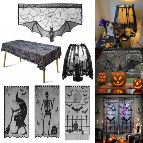 Halloween Spider Tablecloth Black Lace Cobweb Fireplace Cover Table Runner Halloween Party Home Table Window Door Decor Props