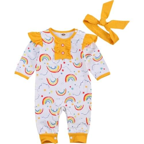Toddler Baby Girls Boys Outfits Sets, Cute Cartoon Printed Playsuits + Headband Sets Newborn Baby Long Sleeve Romper 2020