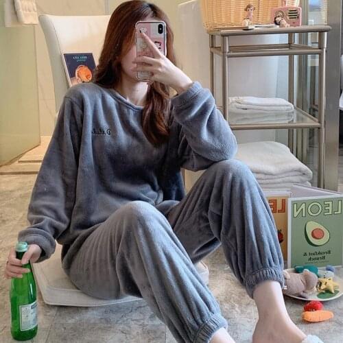Pajama Set Flannel Home Suit Solid color Pyjamas Women Long Sleeve Pullover Womens Pijama Mujer Home Clothing Night gowns