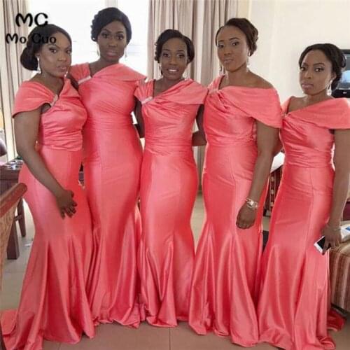 Coral 2019 Africal Mermaid Bridesmaid Dresses Maid of Honor Short Sleeve Wedding Party Dress Pleat bridesmaid dress