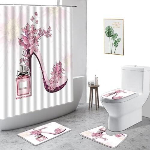 Pink High Heel Shower Curtains Fashion Sexy Red Lips Girl Bathroom Decor Set Non-Slip Carpet Toilet Cover Waterproof Bath Screen
