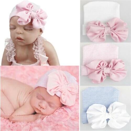 Newborn Chiffon Bow Baby Hat Beanie Hat Soft Hospital Girls Caps Winter Infant Photography Props for 0-3M