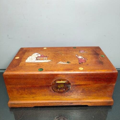 11"Chinese Folk Collection Old Rosewood mosaic Colorful shell Lotus carp bird pattern Jewelry Box storage box Ornaments