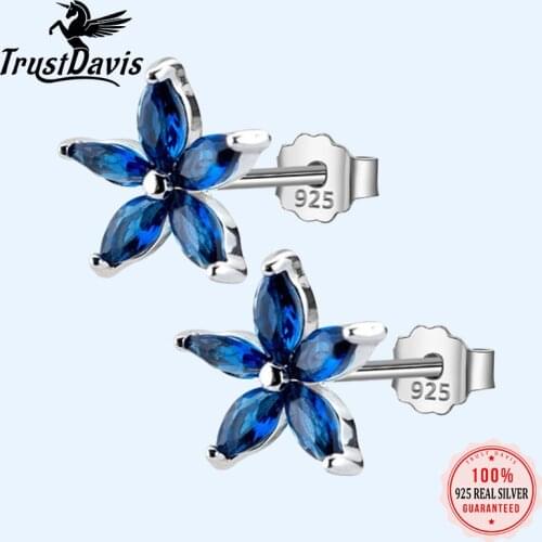 Trusta 100% 925 Solid Real Sterling Silver Blue Flower CZ Stud Earrings For Girl Women Daughter Girls Fine Silver Jewelry DS1255