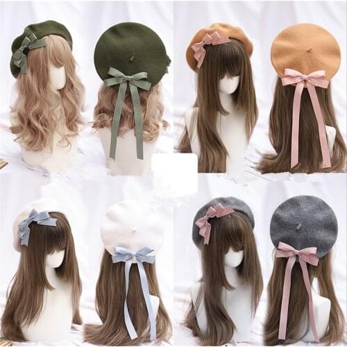 Lolita Ribbon Bowknot Ribbon Beret Warm Autumn Winter Wool Beret Painter Cap D562