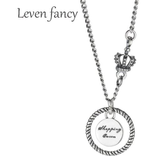 Vinatge 925 Sterling Silver Curb Chain Choker Retro Crown Pendant Necklaces Girl Jewelry Gift Round Charm Circle Medal Necklace