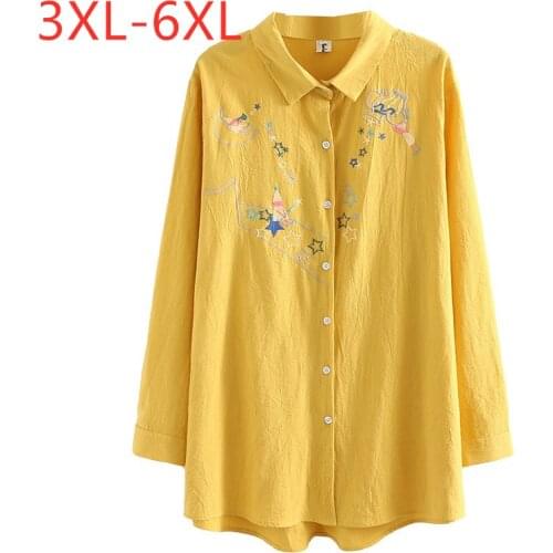 New 2021 Ladies Spring Autumn Plus Size Tops For Women Large Long Sleeve Loose Yellow Cotton Embroidery Shirt 3XL 4XL 5XL 6XL