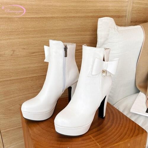 Simple style comfortable round toe ankle boots bowknot platform zipper beaded high heel stiletto riding boots womens shoes