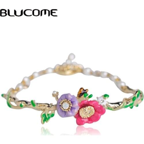 Blucome Sweet Colorful Flower Shape Enamel Bracelet Simulated Pearl Lobster Clasp Accessories For Women Girls Party Daily Gifts