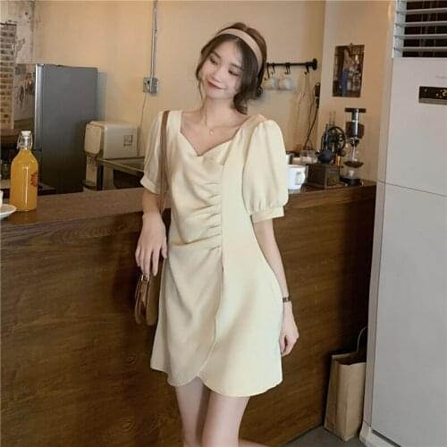 Temperament Pleated V-neck Short-sleeved Dress Female Summer New Korean Style High-waisted Thin A-line Skirt Short Skirt