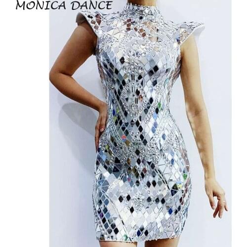 Women Sexy Silver Mirrors Crystals Dress Evening Birthday Party Celebrate Rhinestones Dress Wedding Sexy Dance Sequins Costume