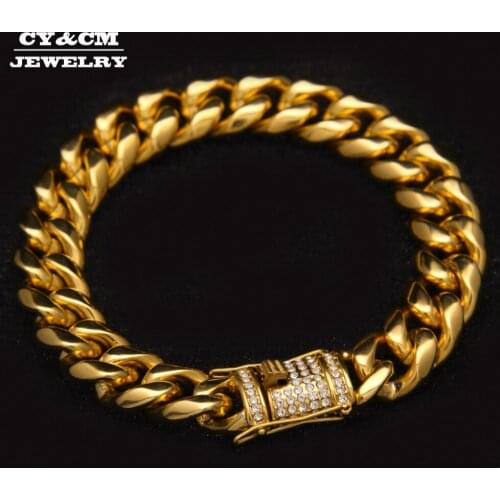 14mm Iced Out Miami Cuban Chain Link Bracelet Men Full Rhinestone Box Clasp Stainless Steel Bangle Gold Silver Color Men Jewelry