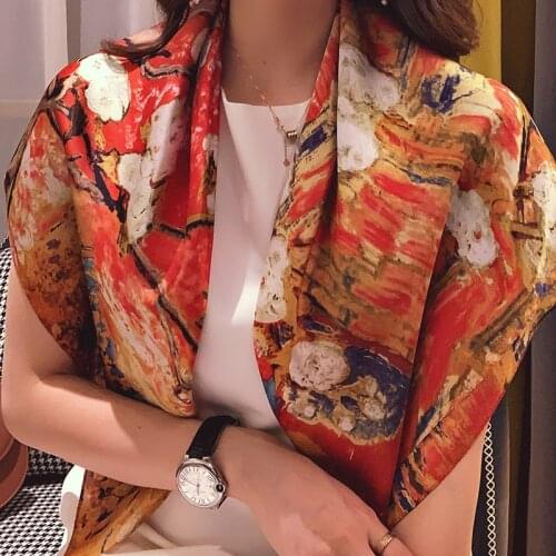 2021 luxury brand ladies spring and summer square scarf 90*90 shawl digital painted shawl van Gogh oil painting pashmina ladies