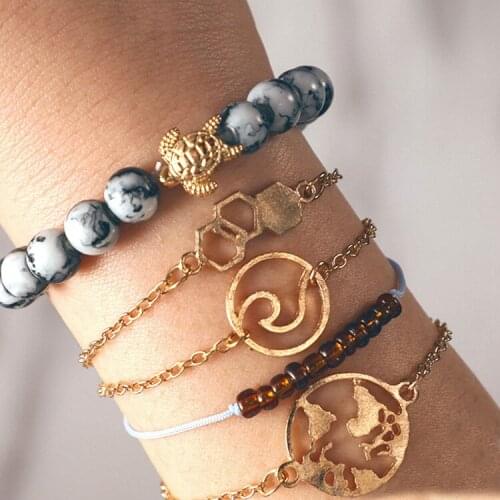 5 Piece Bohemia Boho Women Girl Lady Female Gold Color Wave Charm Bracelet, Tortoise Bracelet, Map Charm Bracelet