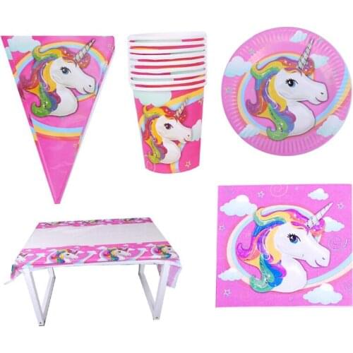 Unicorn Theme Banner Cups Plates Tablecloth Happy Birthday Party Cake Toppers Baby Shower Bunting Tableware 51pcs/lot
