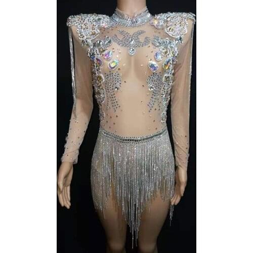 Shining Big Crystals Mesh Sexy Bodysuit Sparkly Rhinestones Silver Fringe Outfit See Through Costume Nightclub Rave Wear DT1182