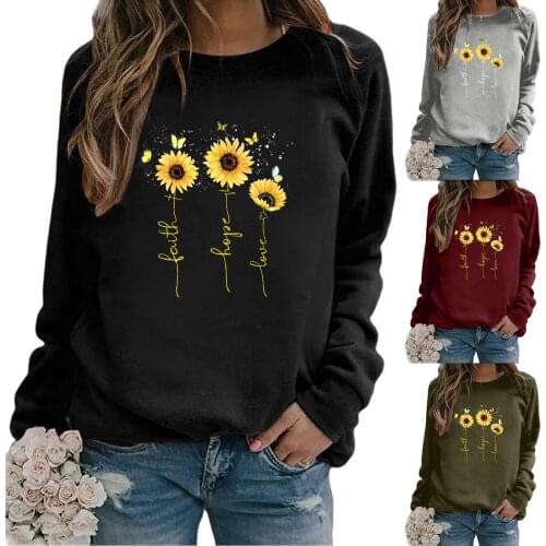 1PCS Ladiess Casual Loose Temperament Simplicity Tide Round Neck Long Sleeve Butterfly Sunflower Print Top Blouse Wholesale