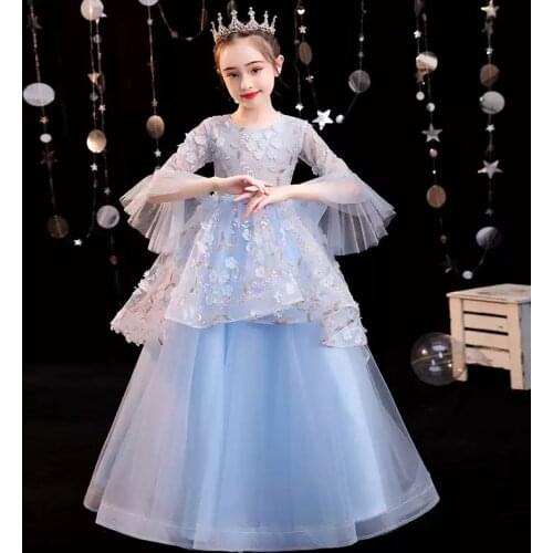 Flower Girl Dresses Illusion O-Neck Three Quarter Embroidery Appliques Princess Floor-Length Tulle Lace Blue Kid Party Gown H520