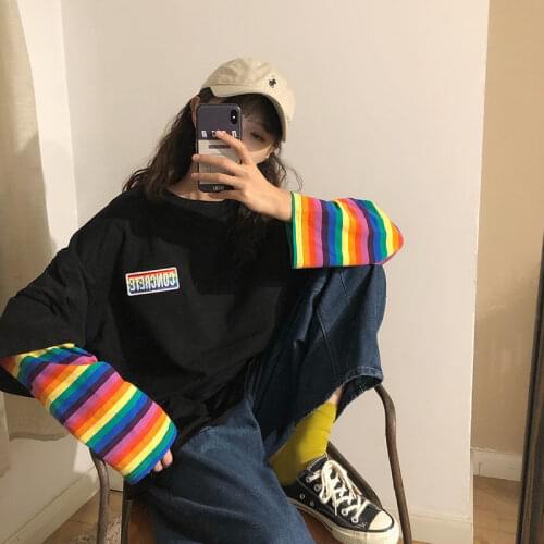 Oversized t-shirt Rainbow stripes fake two-piece long-sleeved t-shirt women loose ins shirt spring autumn bottoming shirt y2k