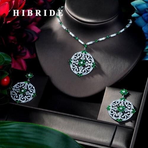HIBRIDE Luxury Sparking Brilliant Cubic Zirconia Drop Earring Necklace Heavy Dinner Jewelry Set Wedding Bridal Dress N-153