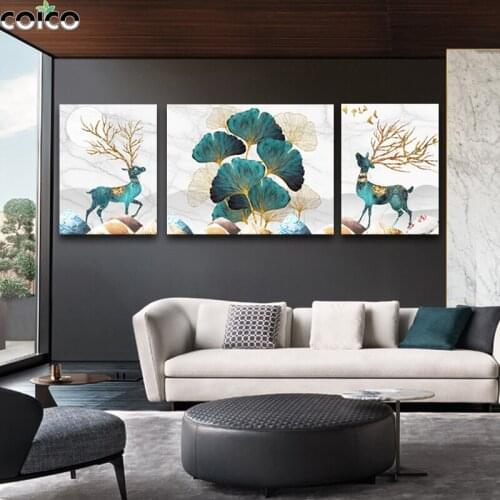 Gold Deer Leaf Canvas Print Painting Nordic Modern Marble Animal Plant Wall Home Decor Posters Indoor Decorative Art Picture