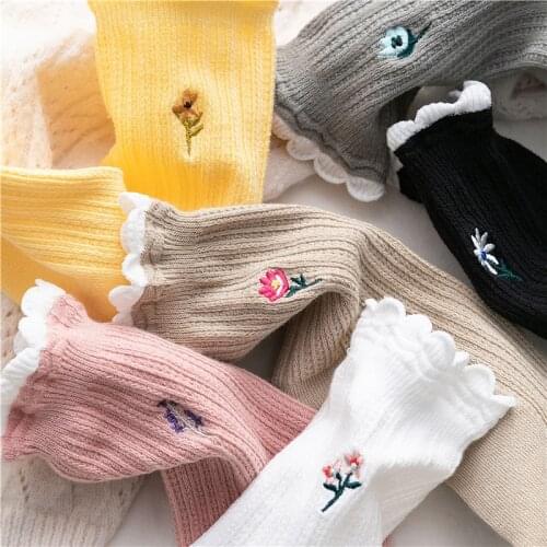 Socks Set Cute Ruffle Floral Embroidery Harajuku Candy Color Kawaii Lace Sock Cotton College Korea Style Women Socks