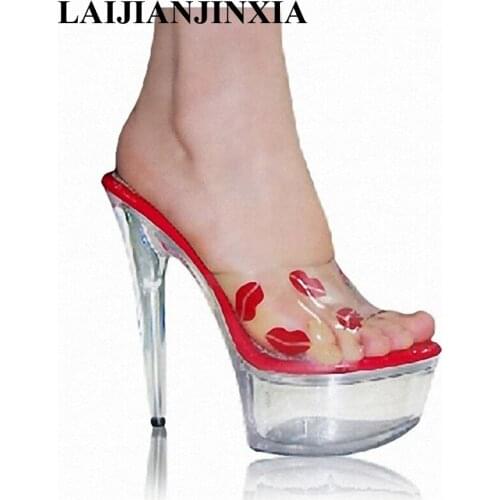 LAIJIANJINXIA NEW 15cm Ultra High Heels Sandals Platform Bride 6 Inch Wedding Shoe Womens Slippers Sexy Lips Crystal Shoes