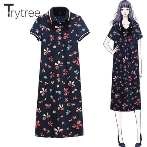 Trytree Summer High Street Print Cotton Polyester Dress Women Turn-down Collar Botton T-shirt dress Mid-Calf Loose Casual Dress