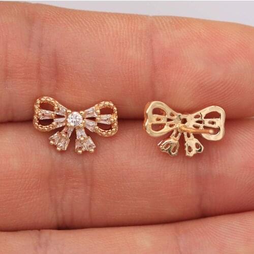Trendy Bowknot Gold Plated Copper Stud Earrings White Zirconia For Women Fashion Jewelry Accessories Wedding Anniversary Gifti