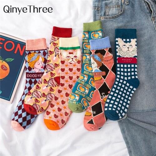 Womens Japanese Korean Style Socks Lolita Cute Cartoon Cat Heart Lattice Foods Kitten Cotton Socks Thick Warm Vintage Socks