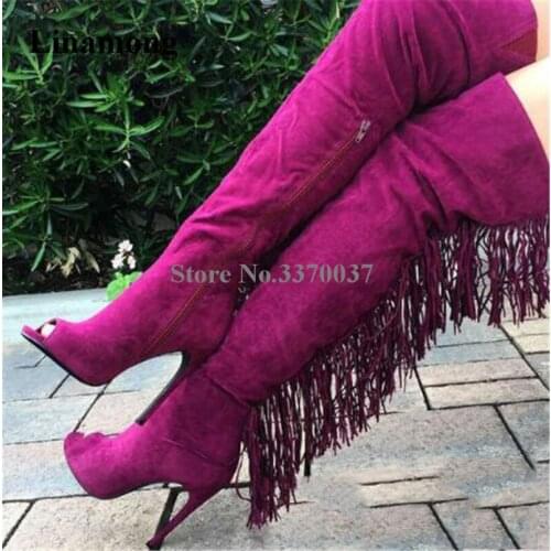 New Fashion Women Peep Toe Suede Leather Back Long Tassels Over Knee Boots Sexy Fringes High Heel Long Boots Charming Club Shoes