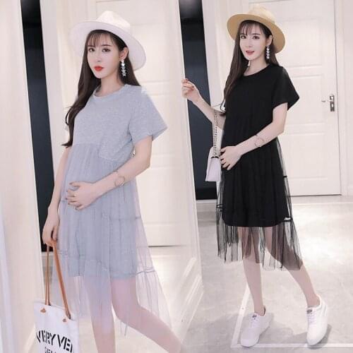 Maternity Dress Gauze Patchwork Solid Color Short Sleeve for Pregnant Women Pregnancy Clothes Mom Dress