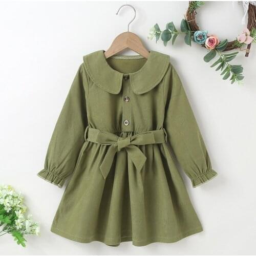 Winter 2021 Girls Dress Girls Cute Dress Long Sleeve O Neck Sashes Military Green Solid Cute Streetwear Dresses Vestidos 18M-6T