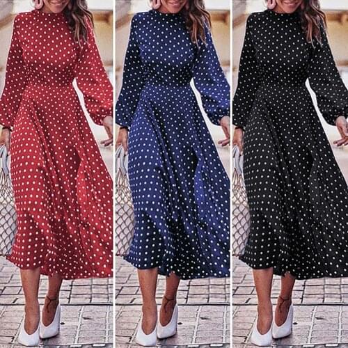 Fashion Women Long Puff Sleeve Irregular Large Hem Polka Dots Party Midi Dress New 2020 Plus Size Fashion Casual Elegant Dress
