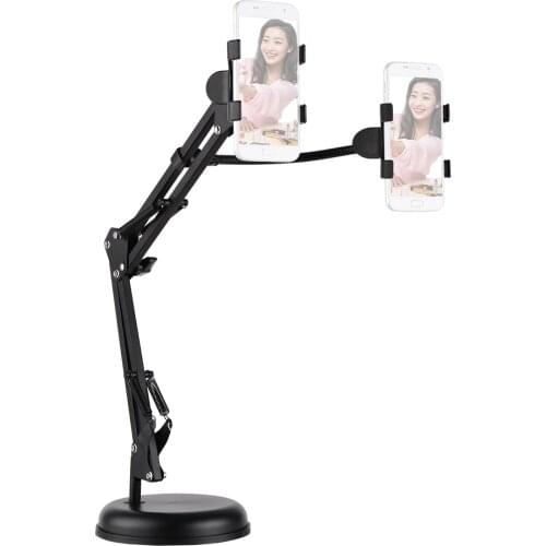 Extendable Cell Phone Holder Table Stand Lazy Bracket 360° Rotatable with Dual Phone Clamps Flexible Articulating Arm Photo