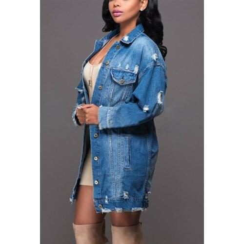 Plus Size Harajuku Boyfriend Denim Jacket Autumn Winter Women Hole Casual Loose Long Sleeve Wind Jean Large Size Female Coats