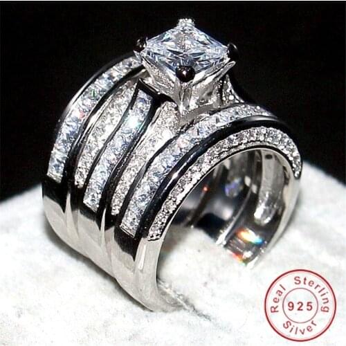 Luxury 100% Real Solid S925 Sterling s925 Princess-cut Diamant stone CZ Rings sets 3-in-1 Wedding Bands Ring finger For Women