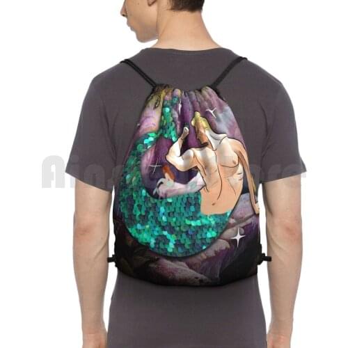 Sequin Merman Backpack Drawstring Bag Riding Climbing Gym Bag Merman Mermaid Sparkles Vintage Mary Blair Pierre And Collage