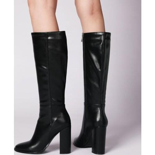 Chunky heel Round Toe Knee Boots Women Fashion Zip High Heel Shoes Ladies Faux Leather Black Red Beige High Boots New Nes Shoes