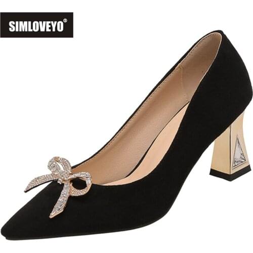 SIMLOVEYO New 2021 Women Pumps Pointed Toe 7cm Block Heels Slip-On Bowtie Crystal Bling Stylish Sweet Big Size 43 Date B2401